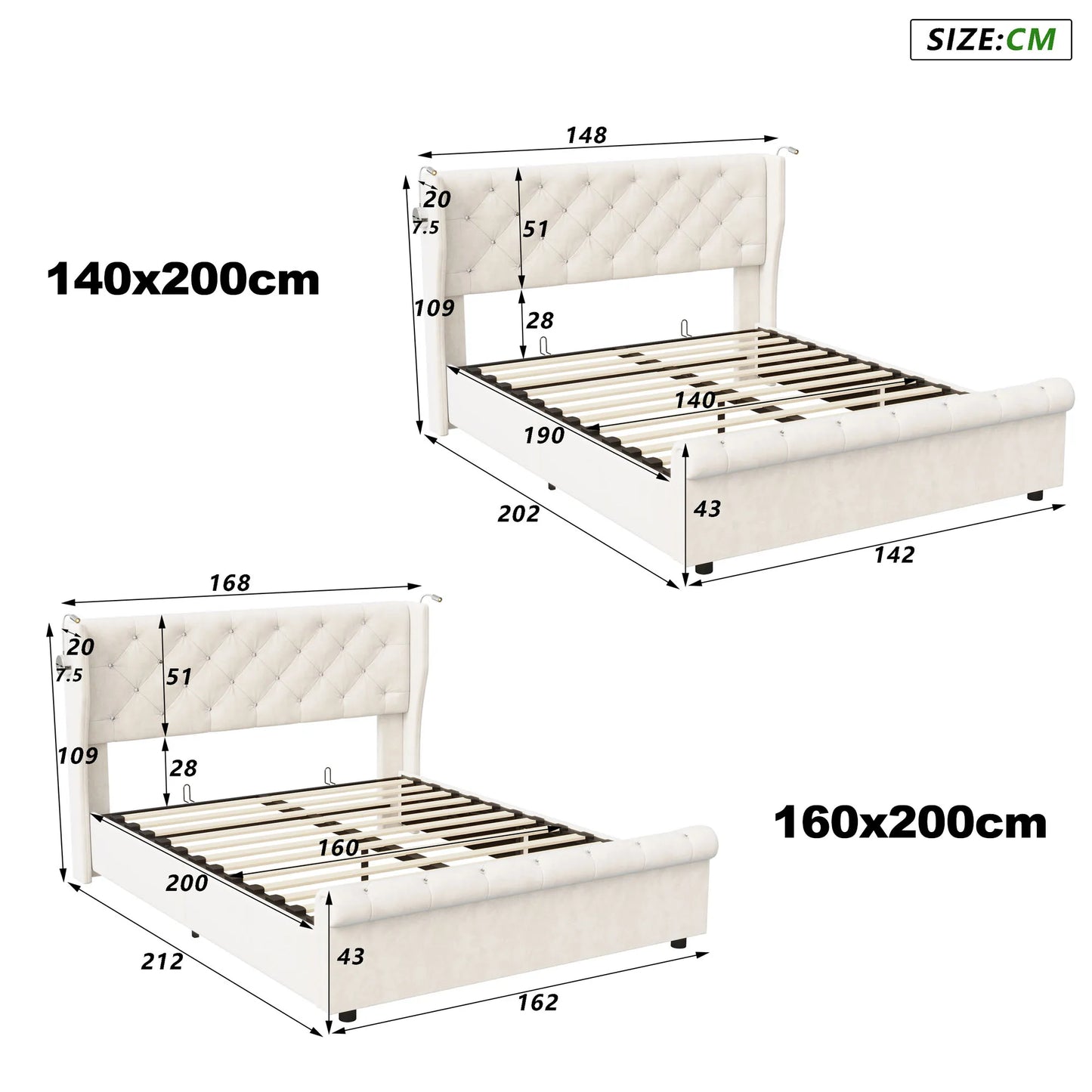 Bed – Slaapbed – Opbergbed – Fluwelen Bed – Led Verlichting – Hydraulisch Opbergvak – Stevig Houten Frame