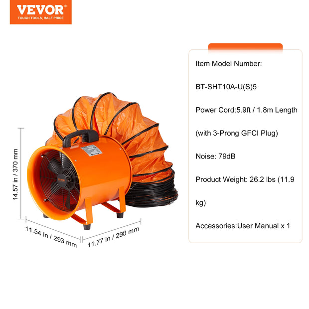 Vevor - Duct Fan - Ventilator - Exhaust Fan - 350W 10inch - with 5M PVC Duct Exhaust Fan for Home Workplace Factory