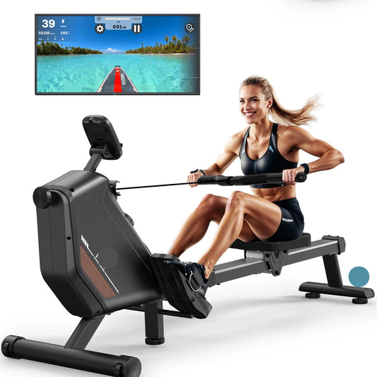Roeimachine - Magnetische Roeitrainer - Roeiapparaat - Opvouwbare - met 16 Weerstandsniveaus - Bluetooth Connectie - LCD Display - 300N Weerstand - Max 150kg - Ergonomisch Ontwerp - Stil en Compact - Zwart - QUORE