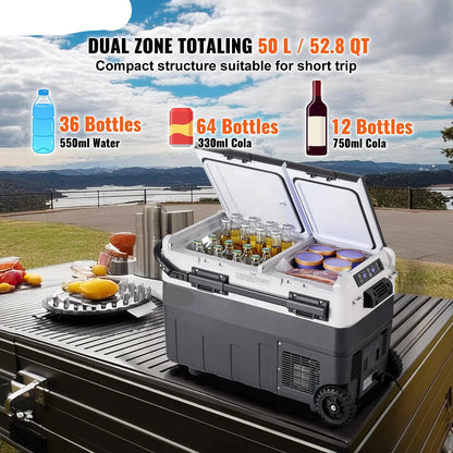 Auto Koelbox - Compressor Koelbox - Compressor Koelkast - Koelbox - 50L- Dual Zone - Mini Vriezer - -20°C tot 20°C - 12V/24V & 230V - Met Wielen & Handvat - Voor Auto - Camper - en Camping