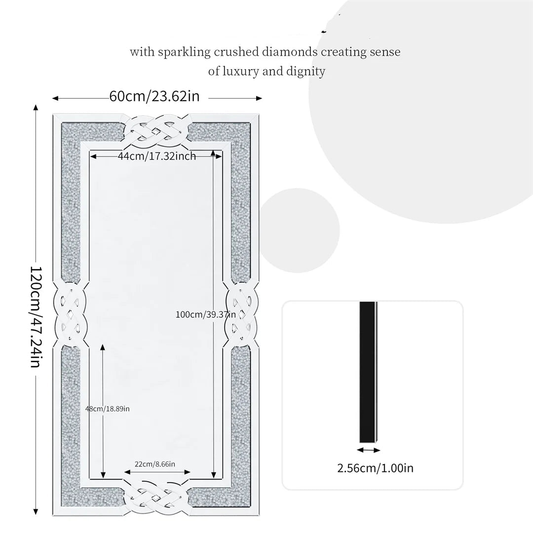 Wandspiegel – Muurspiegel – Rechthoekige Spiegel – Grote Spiegel – Crushed Diamond Inlay – Zilverglas Reflectie – Flexibele Ophanging - 120x60cm - QUORE
