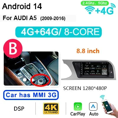 8.8" Android 14 Multimedia Speler – 2DIN Autoradio – Auto Stereo – Navigatie Systeem – Touchscreen – Draadloze CarPlay – GPS Met 4G LTE – 8 GB RAM 256 GB Opslag