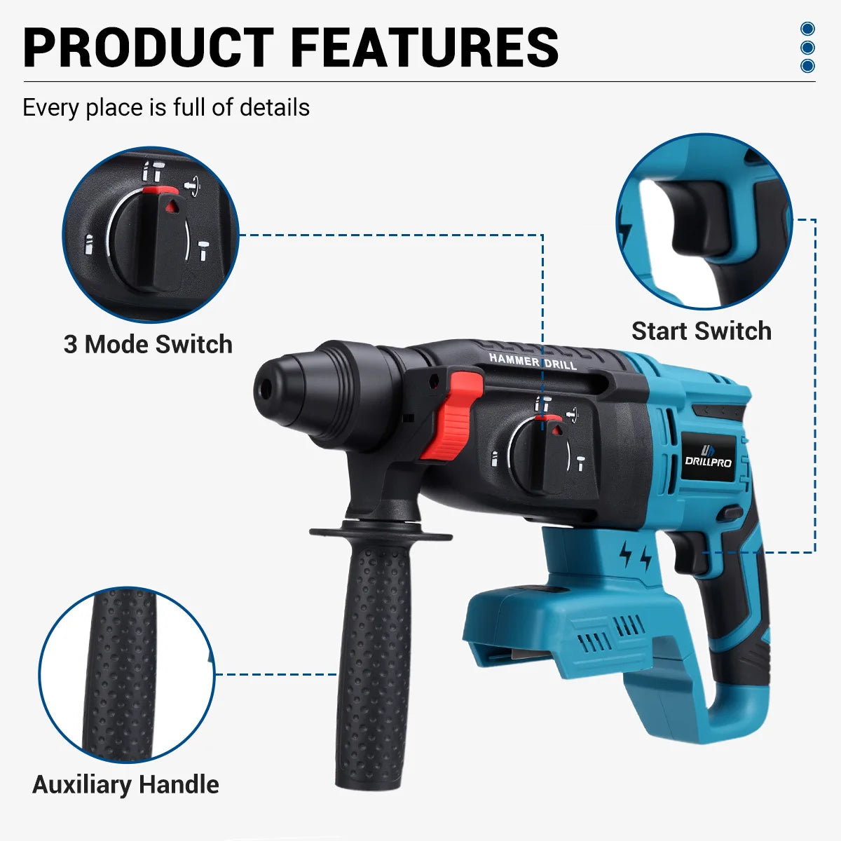 Drillpro 4pcs Power Tool Set 800N.m Electric Wrench 125mm Angle Grinder Brushless Electric Hammer 10mm Drill w/ 2 Battery - QUORE