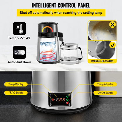 VEVOR 4L Water Distiller Purifier Filter Dispenser Drinking Bottle Softener Dual Temp Display Overheat Protection Home Appliance