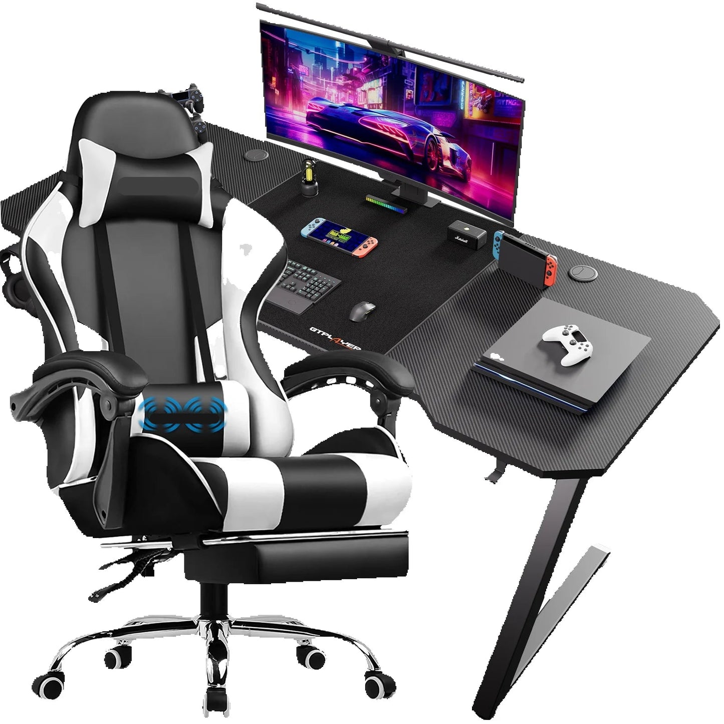 Gaming Bureau en Stoelenset – Gamebureau – Gamestoel – Computerbureau – Werkplekset – Ergonomisch Ontwerp – Verstelbare stoel met 360° Draaifunctie