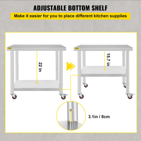 Keukenwerkbank - Keukenwerktafel - Kookeiland - Keukentafel - 24 x 12 inch - Met 4 zwenkwielen & Achterwand Laadt Op - Voor Opbergrek Thuis Dineren