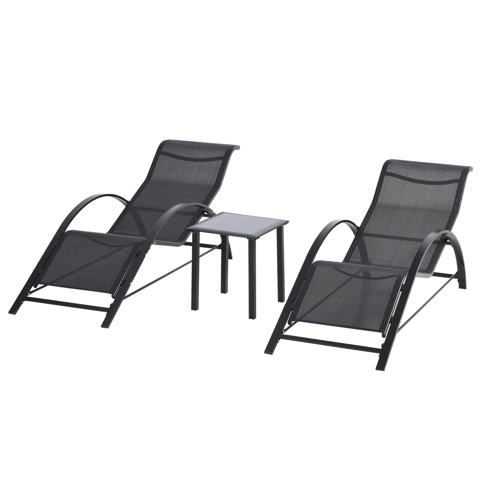 Ligstoel - Set van 2 - Ligstoel Tuin - met Bijzettafel - Weerbestendig - Ademend Textileen - Voor Tuin, Terras en Balkon - 59x169x66cm - Zwart - QUORE