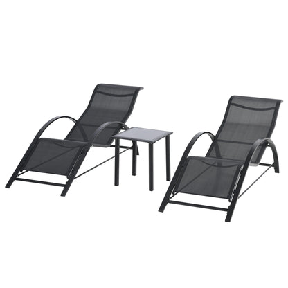 Ligstoel - Set van 2 - Ligstoel Tuin - met Bijzettafel - Weerbestendig - Ademend Textileen - Voor Tuin, Terras en Balkon - 59x169x66cm - Zwart - QUORE