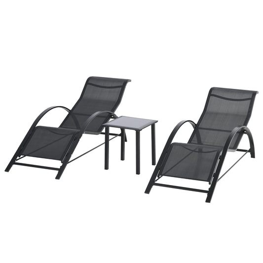 Ligstoel - Set van 2 - Ligstoel Tuin - met Bijzettafel - Weerbestendig - Ademend Textileen - Voor Tuin, Terras en Balkon - 59x169x66cm - Zwart - QUORE
