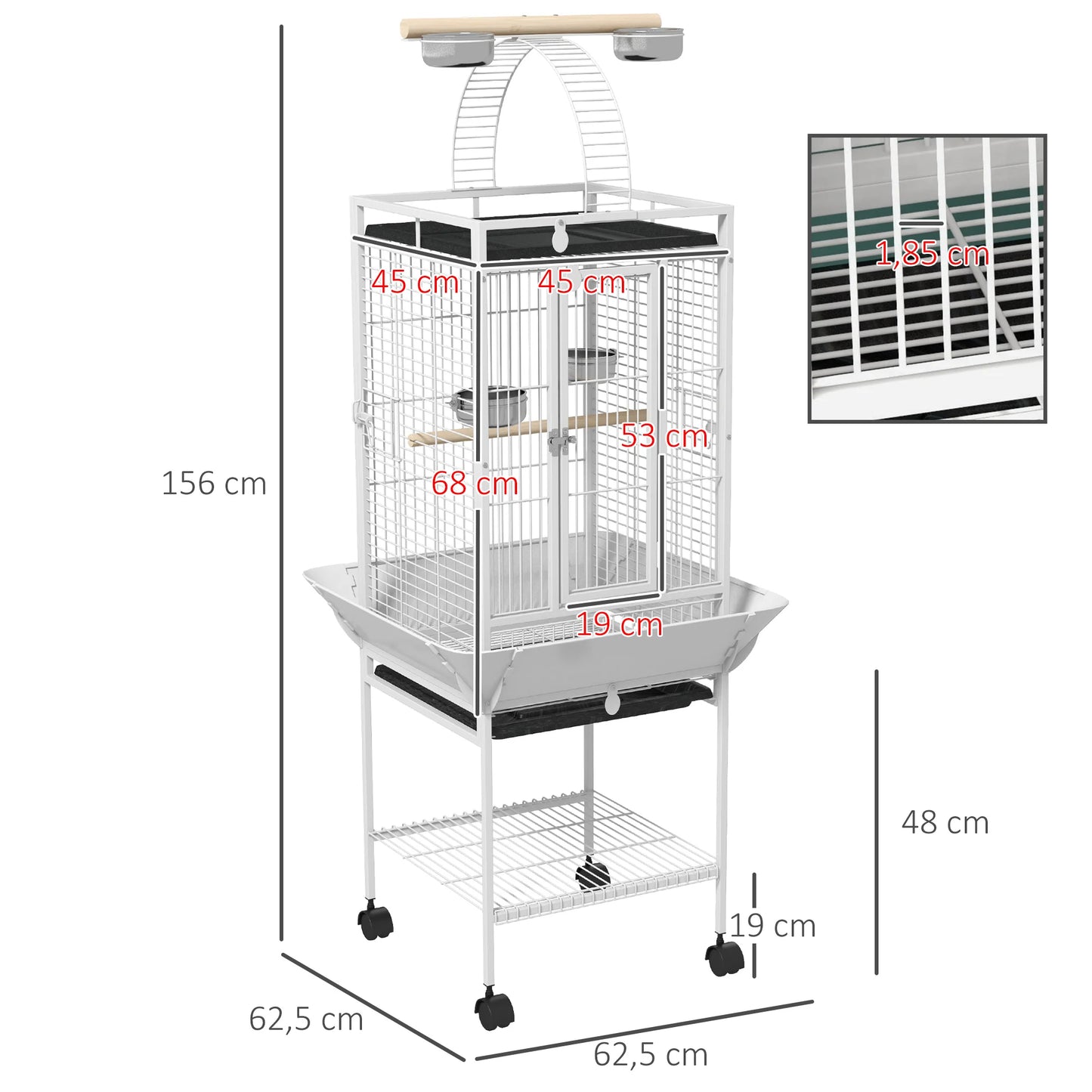 Vogelkooi – Vogelhuis – Vogelkooi Met Standaard – Vogelkooi Met Wielen – Vogelkooi Met Deurtjes – Sterke Stalen Constructie – Uitneembare Voedselbakken
