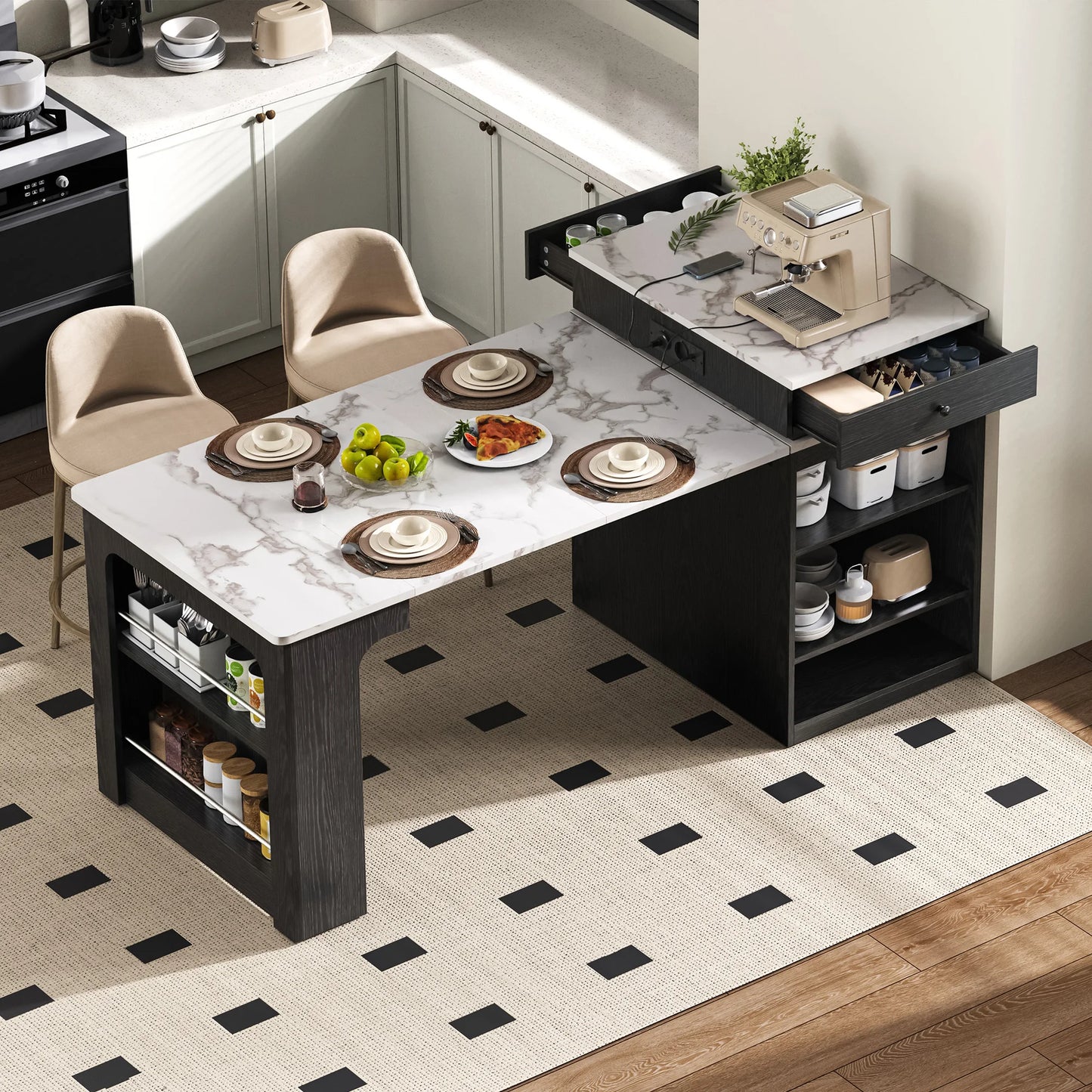 Kitchen island with wheels, extendable dining table with removable tabletop, bar table with power strips, serves kitchen island