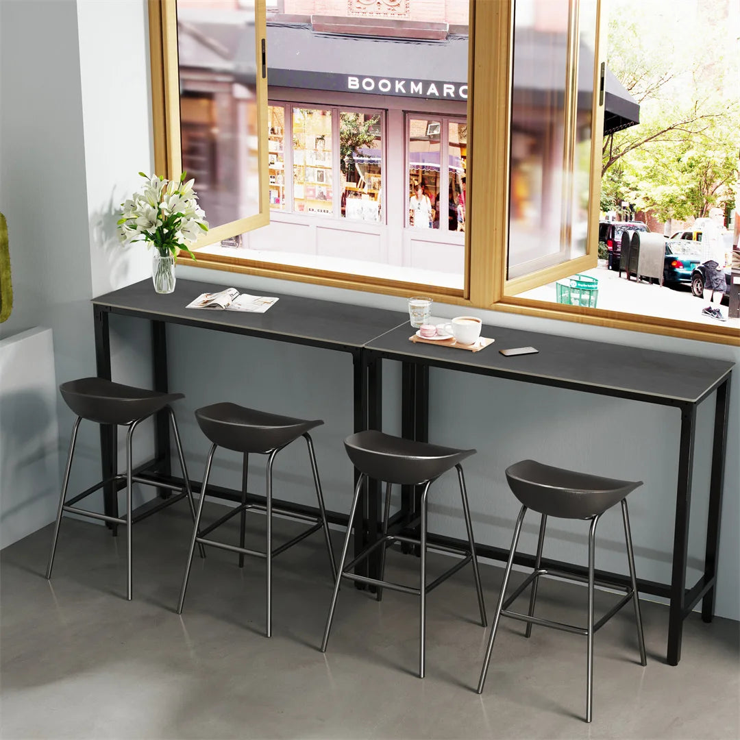 Rechthoekige Bartafel – Bar Tafel – Home Bar – Ontbijttafel – Keukentafel – Zwart Metalen Frame – Hoogte 105 cm – Blad van Witte Gesinterde Steen