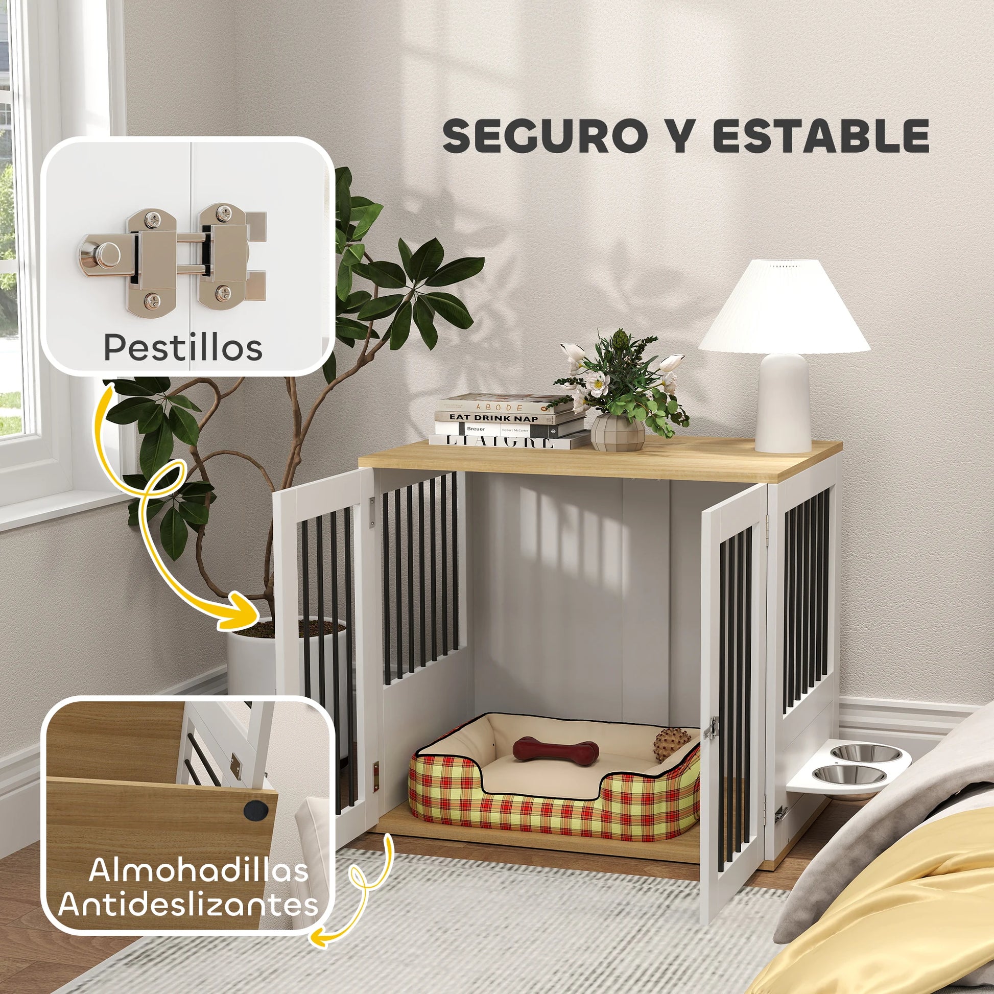 2-in-1 Hondenhok – Bench Met Zijtafel - Hondenbench – Hondenkooi – Hondenhuis – Dierenverblijf – Melamine Hout En Staal - 80 x 55 x 71,5 cm - Wit - QUORE