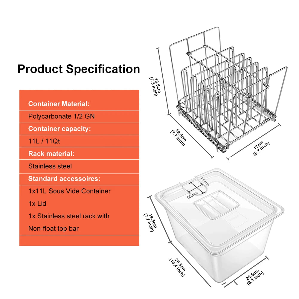 Stainless Steel Sous Vide Rack and 11L Sous Vide Cooker Containers Detachable Dividers Separator for Immersion Circulators - QUORE