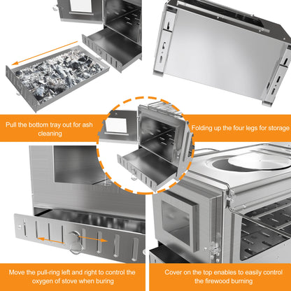 Camping Houtkachel - Houtkachel Stove - Draagbaar Houtkachelfornuis - Outdoor Houtkachel - RVS - Lichtgewicht - Houtskool Barbecues - voor Tentverwarming & Outdoor Cooking - Zilver - QUORE