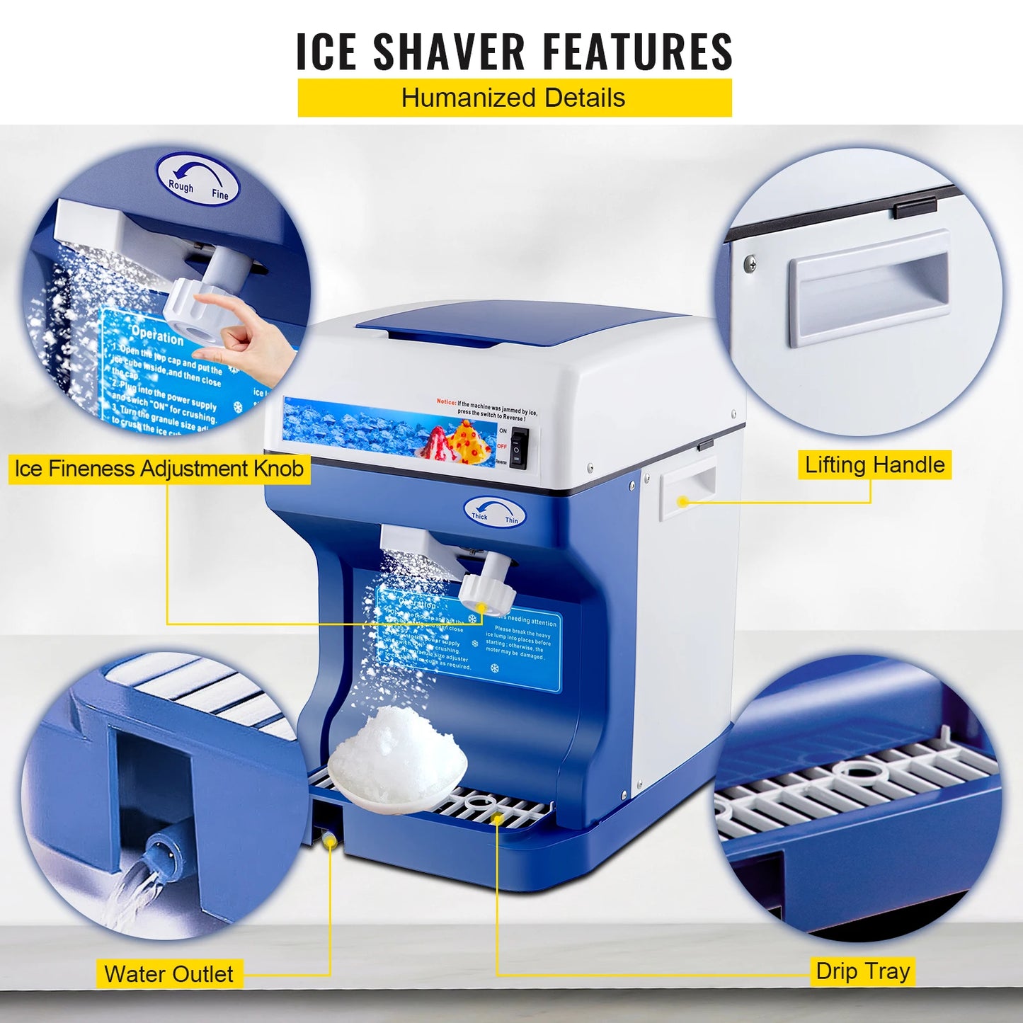 Ice Crusher - Schaaf ijsmachine - Slush Machine - 120kg Capaciteit - met Verstelbare Ijstextuur - 250W -   320 RPM - 29 x 39 x 43 cm - Blauw