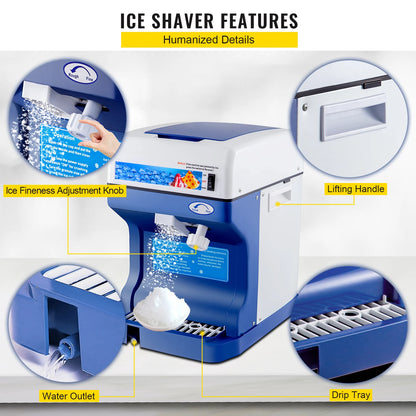 Ice Crusher - Schaaf ijsmachine - Slush Machine - 120kg Capaciteit - met Verstelbare Ijstextuur - 250W -   320 RPM - 29 x 39 x 43 cm - Blauw
