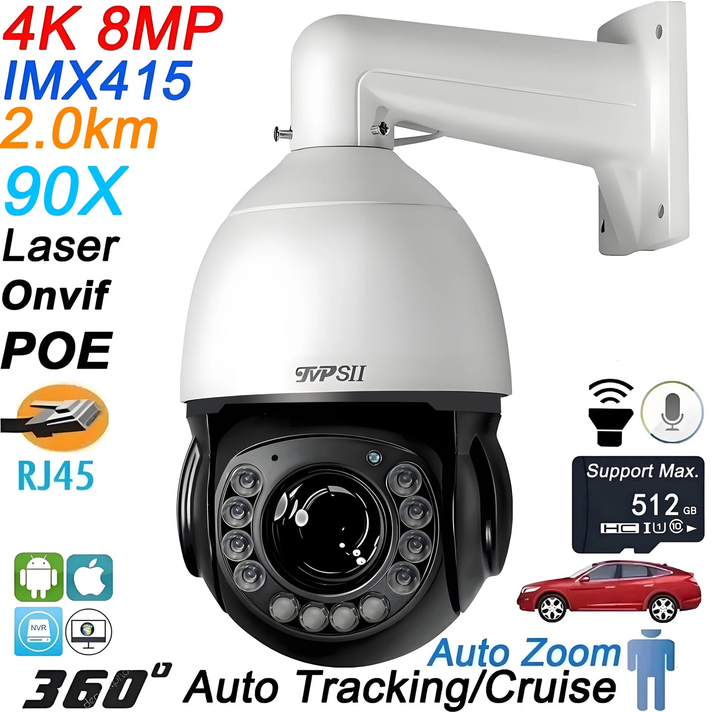 Laser Infrared Metal Auto Tracking Cruise 8MP 4K 90X Optical Zoom 360° Audio POE PTZ Speed Dome Surveillance Security IP Camera