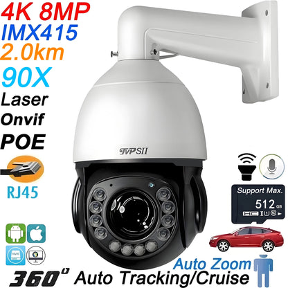 Laser Infrared Metal Auto Tracking Cruise 8MP 4K 90X Optical Zoom 360° Audio POE PTZ Speed Dome Surveillance Security IP Camera
