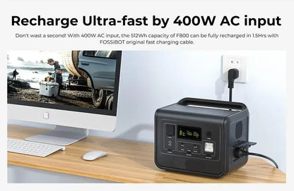 Powerstation – Draagbare Energiecentrale – Mobiele Batterij – Noodstroom – 512Wh Capaciteit – 800 Watt Vermogen - LiFePO4 Batterij - voor Home Backup - Outdoor Kamperen - Mobiele Stroom - Zwart