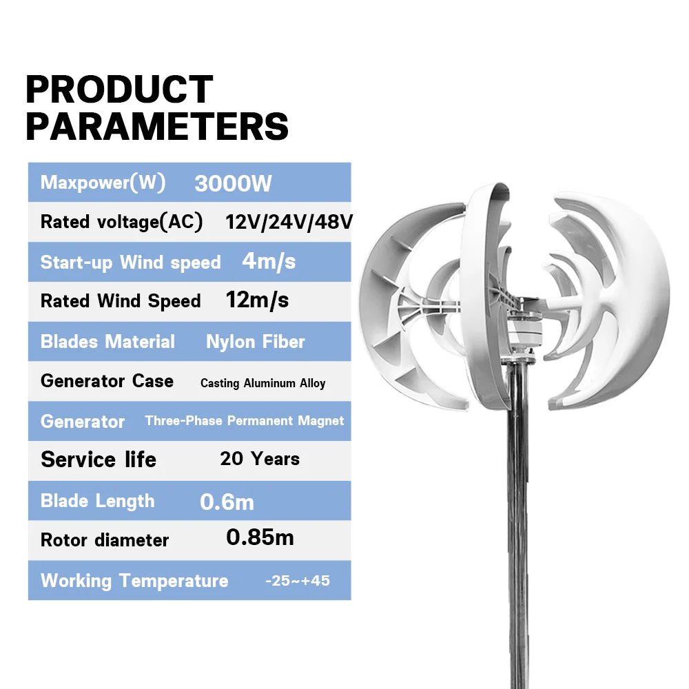 3000W Windturbine – Verticale As Generator – Windmolenset – Off-Grid Energie Systeem – 48V Variant – Met 100W Zonnepanelen – 2560Wh LiFePO4 Accu – Pure Sinusgolf Omvormer 220V - QUORE