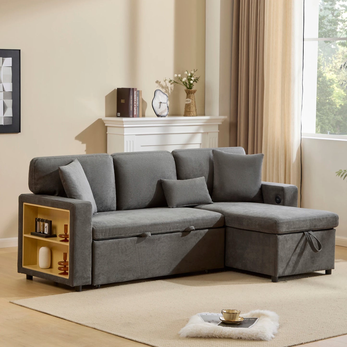 Slaapbank – Hoekbank – Bedbank – Sofa Bed – Zitbank – L-vormig – Met Slaapfunctie en Bedbox – Inclusief Opbergruimte en USB-oplaadpoort