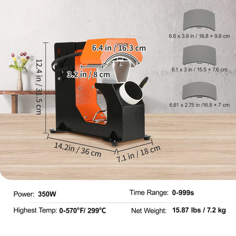 Warmte Pers - 3-in-1 - Petten - Caps - Hoeden - 6.4x3.5in - Stempelen - Sublimatie Machine - Digitale Display - Zwart en Oranje - QUORE