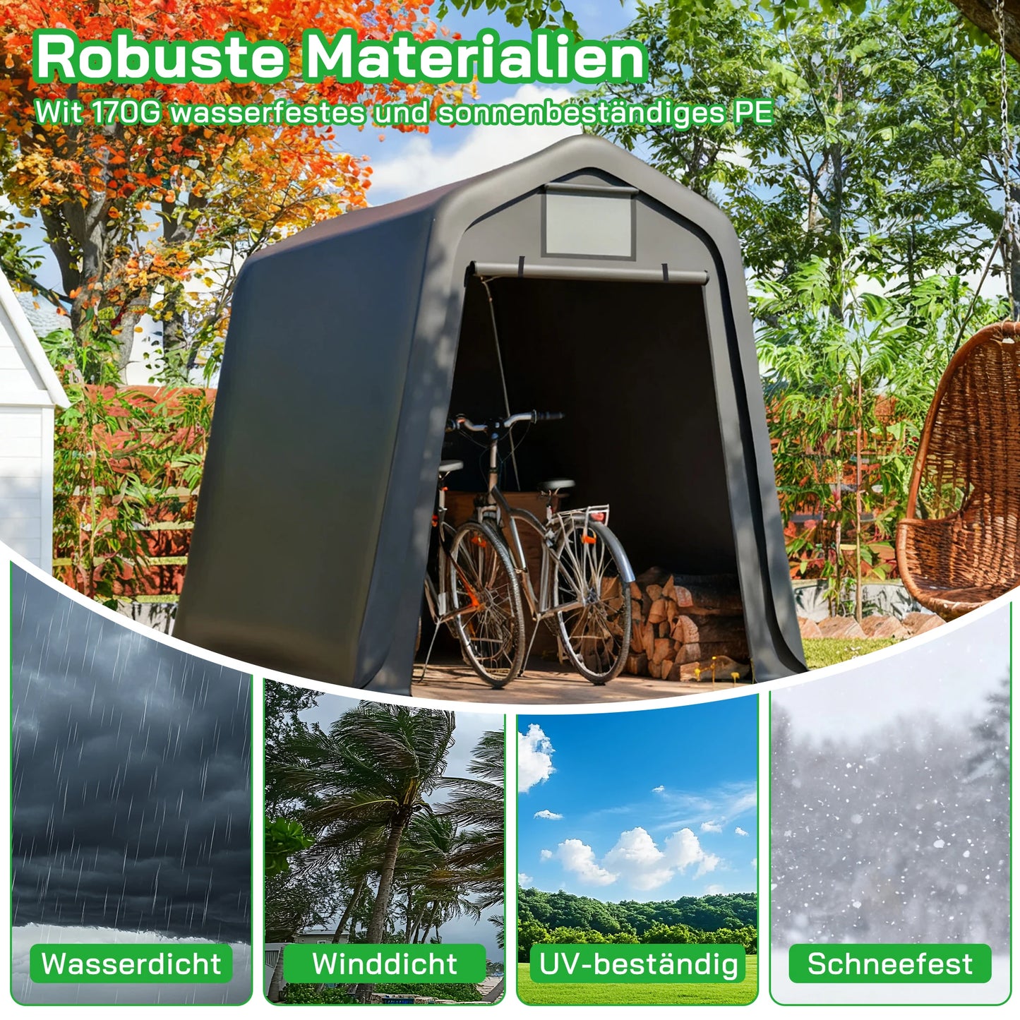 Opbergtent Motorstalling – Garage Tent – Fietsenberging – Tuinkast – Schuur – Waterdicht PE-Zeil – Verstevigd Stalen Frame – 160x218x172 cm – Ritssluiting