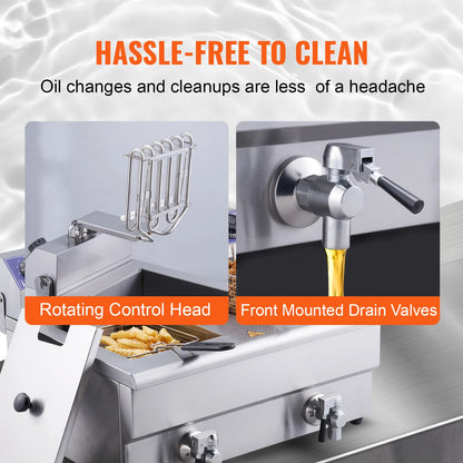 VEVOR Electric Deep Fryer w/Dual Removable Tanks 24L 3000W Commercial Countertop Fryer for Chicken French Fries Frying Chips