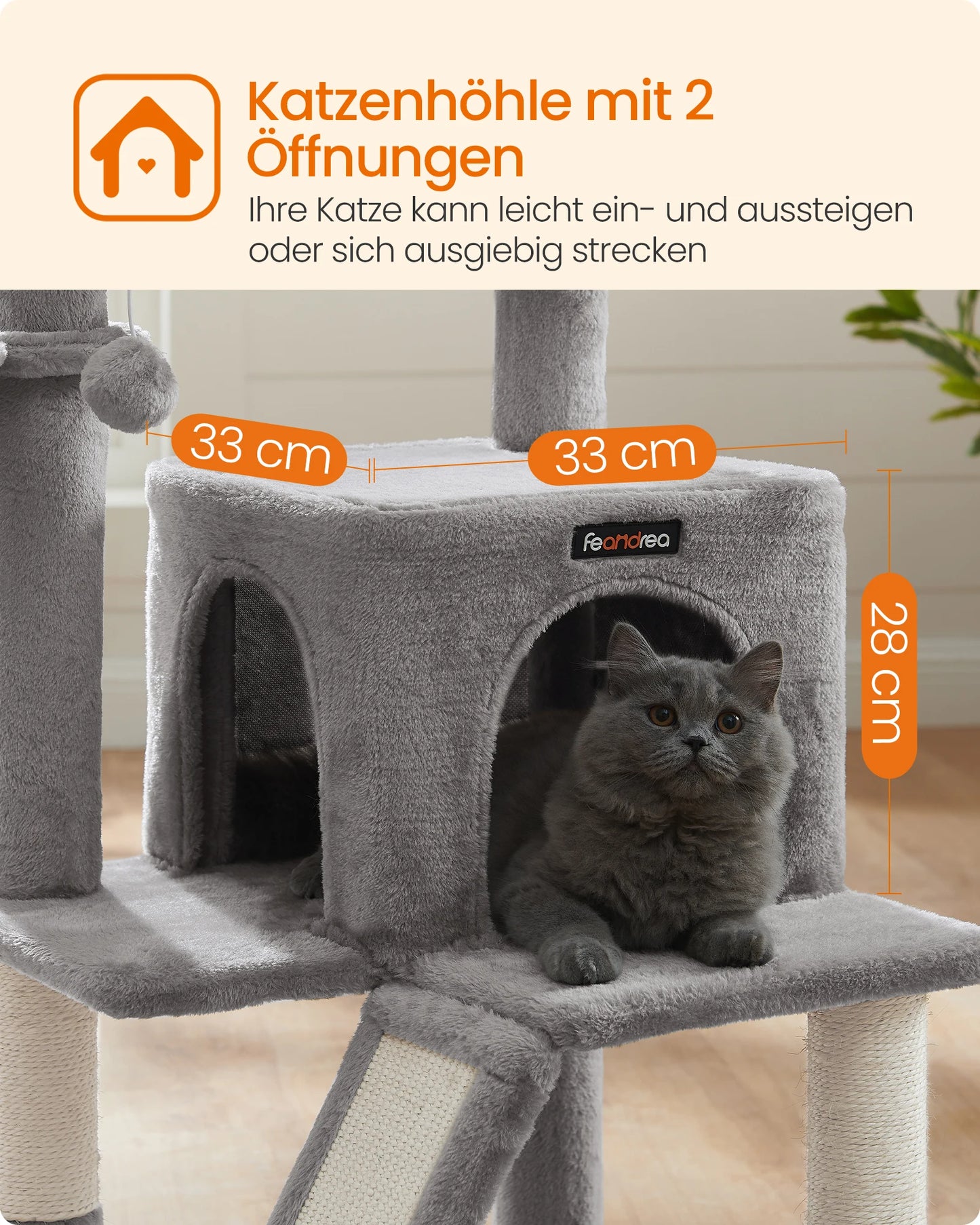 Krabpaal - Kattenboom - met Grote Observatieplatform - 96 cm - Krabplank - en Ramp - Stabiel - Arbre a Chat - Geschikt voor Kittens - en Volwassen Katten - Pluche - Sisal Beklede Kolommen - Lichtgrijs