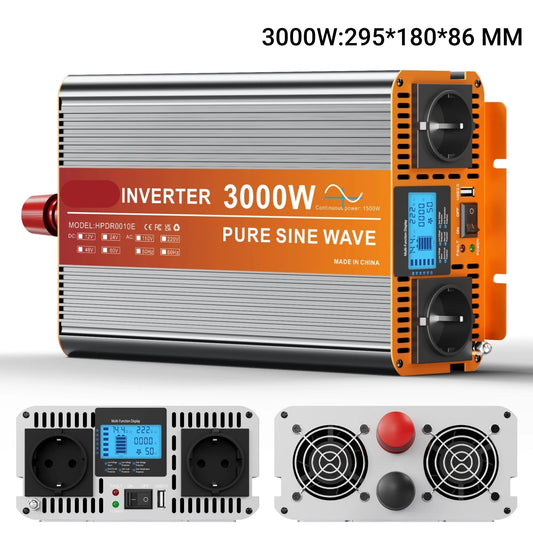Vermogensomvormer 3000W – Stroomomvormer – Inverter – 24V naar 220V – DC naar AC – 2 EU Stopcontacten & USB – Krachtig en Veilig – Compact Aluminium Koeling