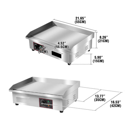 Elektrische Grillplaat - Grillplaat - Teppanyaki Grill - voor Horeca - Thuisgebruik - Ruim Bakoppervlak - 3000W - 220-240 V / 50 Hz - 30-300°C - RVS - 55 x 43 x 15 cm - Zilver