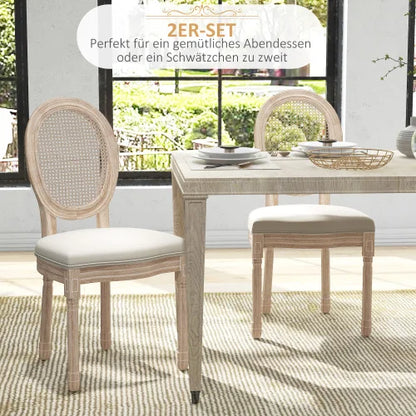 Eetkamerstoelen – Stoelen – Set Van 2 – Linnen Stoelen – Rotan Rugleuning – Massief Rubberhout – Verstelbare Voetkussens - 48 x 57 x 96 cm - Crèmewit