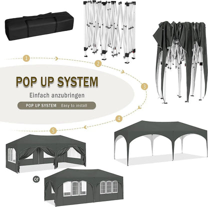 Tuinpaviljoen – Partytent – Tuinpartytent – Tent – Buitentent – Paviljoen – met 6 Verplaatsbare Zijwanden - Waterdicht 210D Oxford Polyester – Stalen Frame Met Roestwerende Coating - 3x6 m - Zwart
