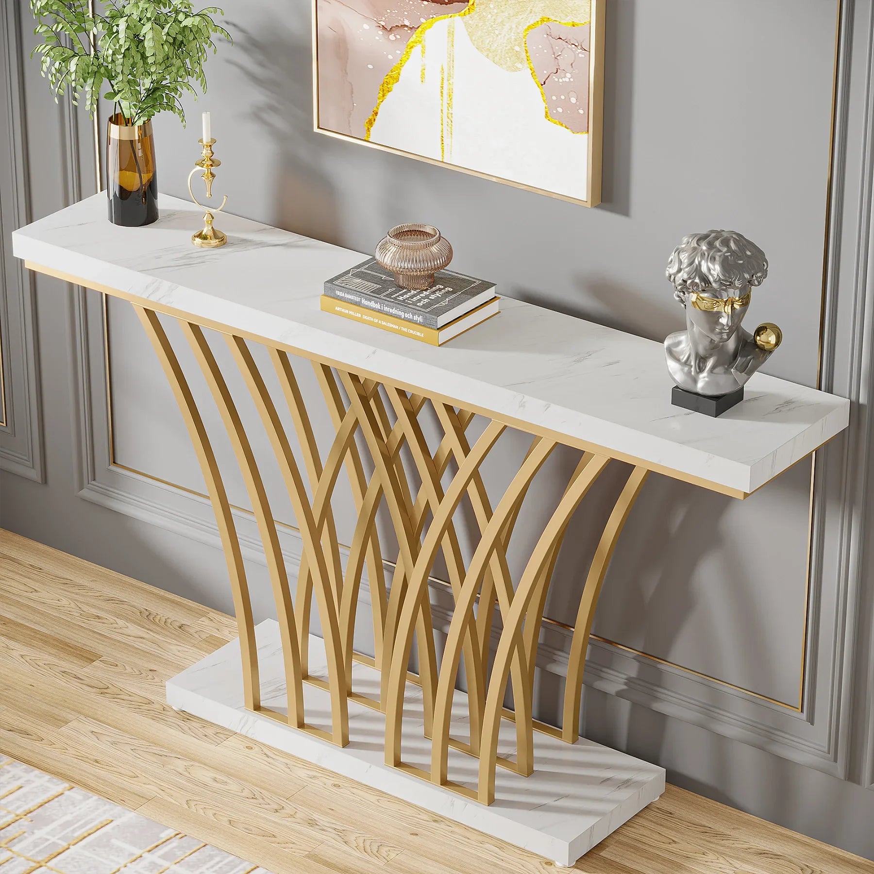 Consoletafel - Wandtafel - Haltafel - Sidetafel - Moderne Stijl - met Rastervormige Metalen Voet - Stevig Metalen Frame - voor Entree - Hal - Woonkamer - Staal - 30 x 150 x 80 cm - Wit & Goud - QUORE