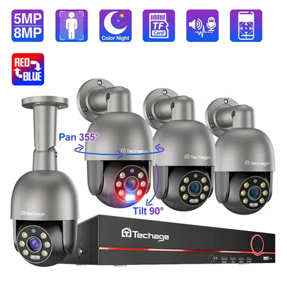 Techage 8CH 4K 5MP 8MP PTZ Security POE IP Camera System Outdoor AI Human Detection Two Way Audio Video Surveillance Camera Kit - QUORE