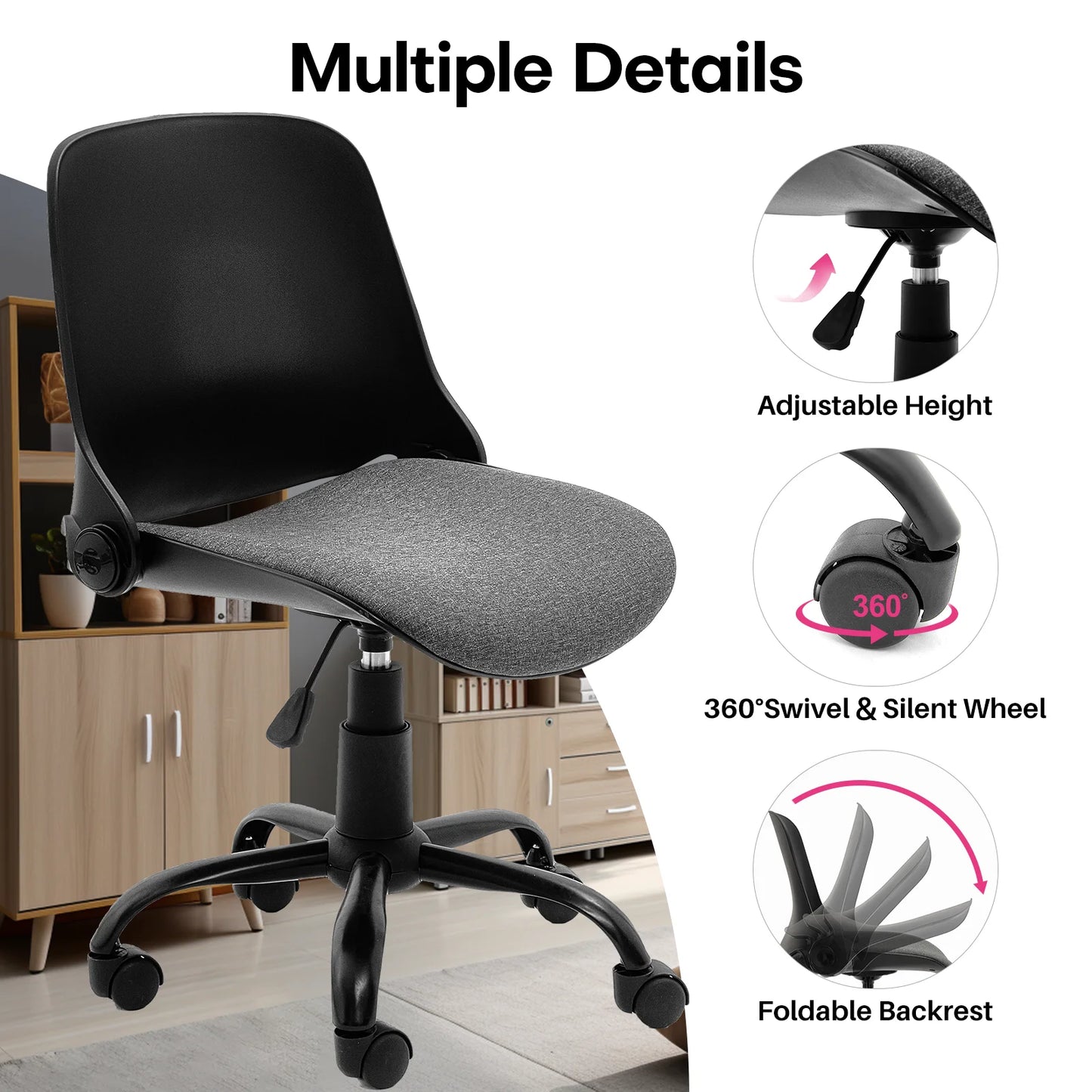 Bureaustoel – Ergonomische Stoel – Werkstoel – Thuiswerkstoel – Vouwbare Rugleuning – Verstelbare Zithoogte – 360° Draaibaar - Zwart