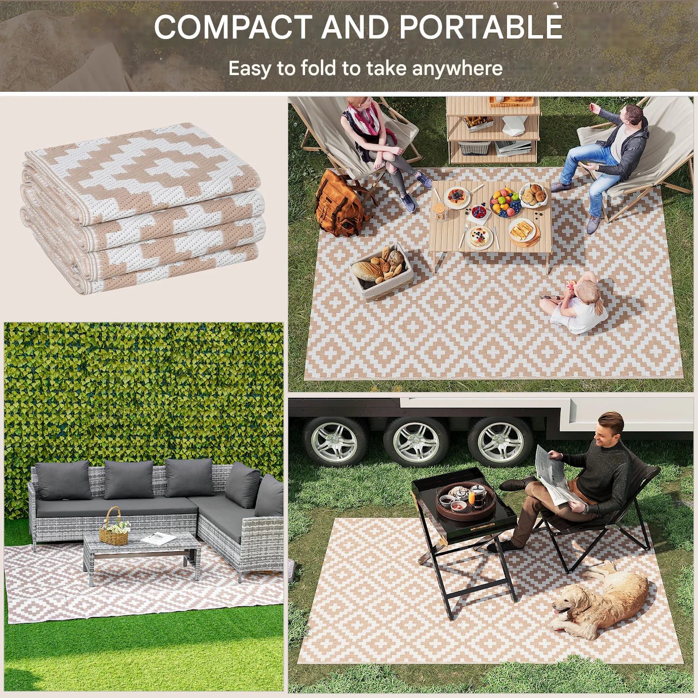 Buiten Vloerkleed - Buitentapijt - Opvouwbaar - UV-bestendig - Waterdicht - Tapijt  - Rhombus Geometric Pattern - voor Buiten - Balkon - Strand - Picknick -Terras - Polypropyleen - 182 x 274 cm - Koffie/Wit