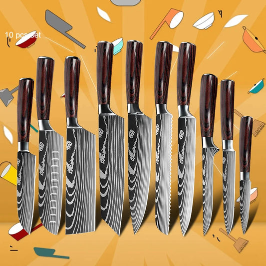 Kitchen Knives - Knife set - Chef Knife - Knives - Kitchen Knife - Japanese 7CR17 440C High Carbon - Stainless Steel - Laser Damascus Pattern Knife - 10 Pieces
