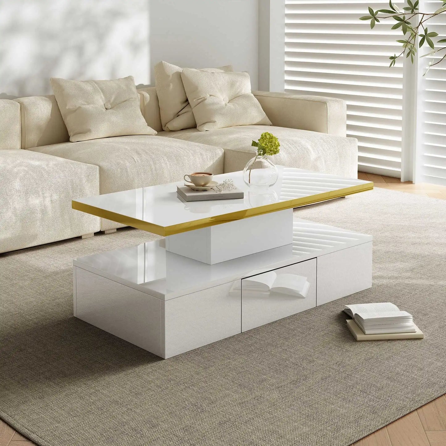 Salontafel – Tafel – Opbergtafel – Woonkamertafel – Hoogglans Wit – LED-Verlichting – Lade