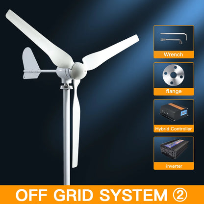 Windturbine - Windmolen - Windturbine Generator - Windenergie - 48V - 2000W - 3 Bladen - Horizontale Windmolen - met MPPT Hybride Controller - Omvormer - Voor Huis – Off-Grid Systeem