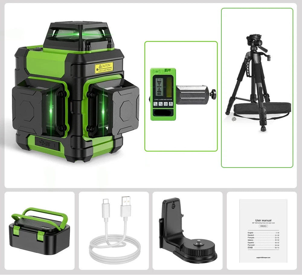 Laserniveau – Laserwaterpas – Kruislijnlaser – Zelfnivellerend – Groene Laser – 12 Lijnen – USB-C Opladen - met Laserontvanger - Statief