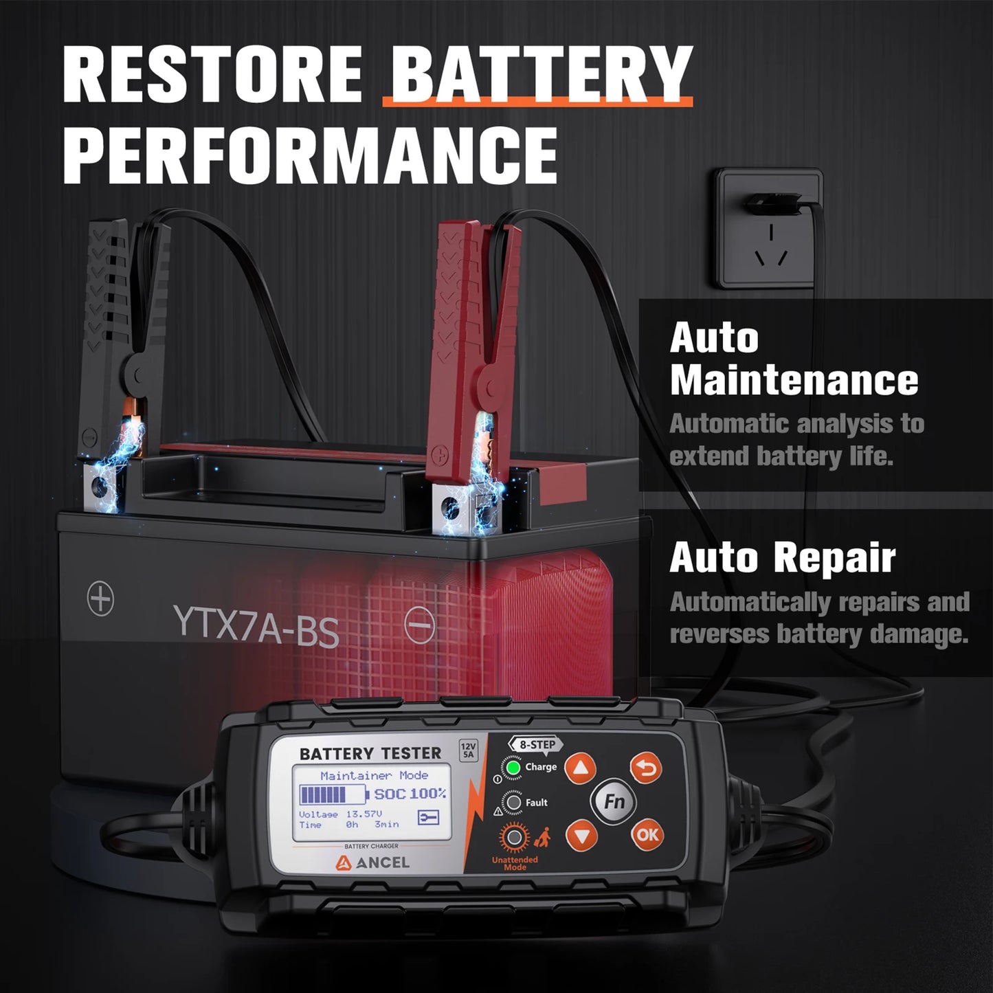 Acculader 12V – Batterijlader – Accu Tester – Accu Onderhoud – 8-Stappen Laadproces – IP65 Waterdicht – Automatische Herstelfunctie