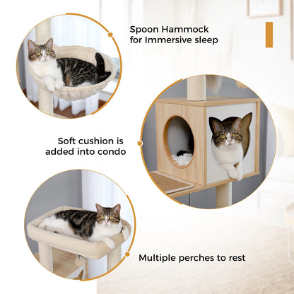 Kattenboom - met Kattenbak Kast – Houten - met Opslagkast - Kattenhuisje - en Sisal Krabpalen – Grote Kattenmeubel voor Binnen – Stabiel en Multifunctioneel - Meerdere Verdiepingen - Arbre a Chat - Beige - QUORE