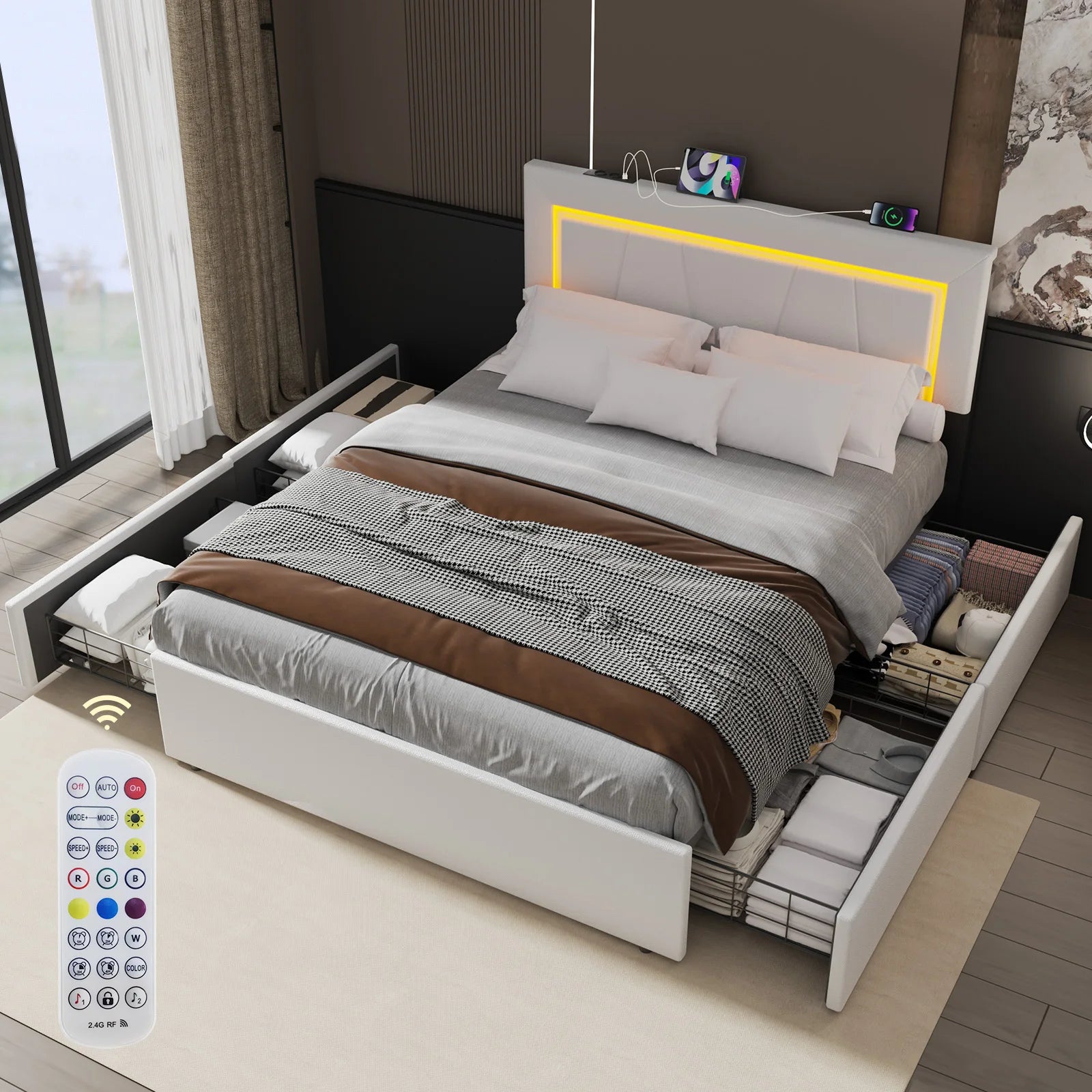 Led Boxspringbed – Gestoffeerd Bed – Opbergruimte Bed – Bedframe Met LED Verlichting – Boxspringbed 140x200 cm – Ingebouwde USB & AC Stopcontacten – Hoogwaardig PU Kunstleer - 90x200cm - Wit - QUORE