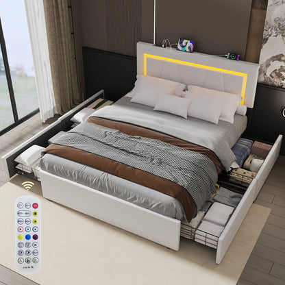 Led Boxspringbed – Gestoffeerd Bed – Opbergruimte Bed – Bedframe Met LED Verlichting – Boxspringbed 140x200 cm – Ingebouwde USB & AC Stopcontacten – Hoogwaardig PU Kunstleer - 90x200cm - Wit - QUORE