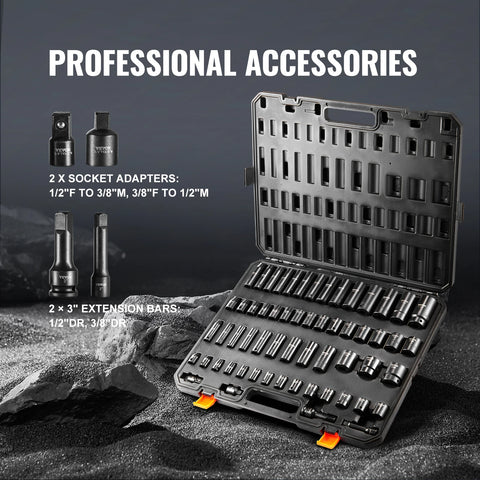 Impact Doppenset – 59-delige 3/8" & 1/2" Drive – Cr-Mo Staal – Slagmoersleutel Doppen – SAE & Metrisch (6-32mm) – Met Opbergkoffer – Zwart