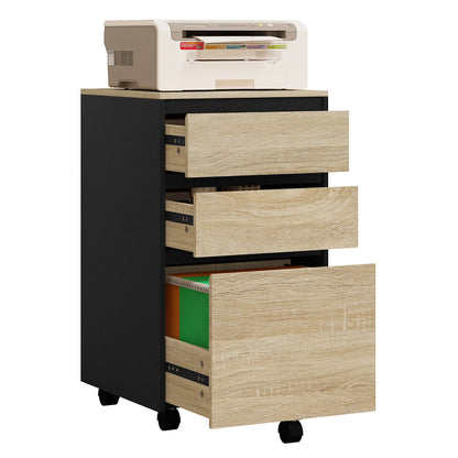 Mobiele Ladeblok - Nachtkastje - Salon - Bijzet - Kantoor - 40x70x40 cm – Houten Archiefkast – Industriële Opberg - 3 Lades - met Wielen – Thuisgebruik - Licht Eiken Zwart