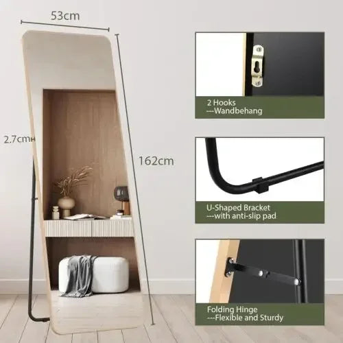 Spiegel - 162x53 cm – Spiegel Staand - Wandspiegel - Full Length - Rechthoekig Design - met Slanke Metalen Frame - Kristalhelder HD Glas - 3-in-1 Gebruik - Goud Ronde Hoek - QUORE