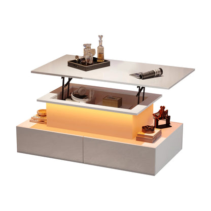 Salontafel – Moderne Tafel – Witte Hoogglans Tafel – Uitschuifbare Tafel – Met LED-Verlichting – Vier Lades – Geruisloos Uittreksysteem